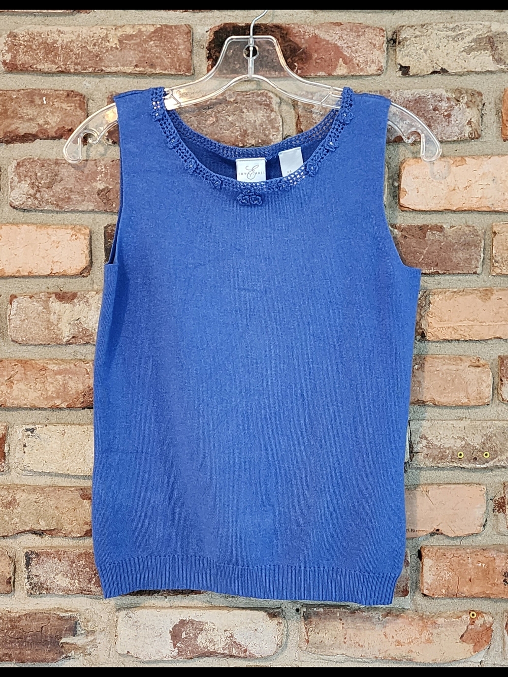 Emma James Royal Blue Sleeveless Crew Neck Sweater Crochet Neckline Size Small